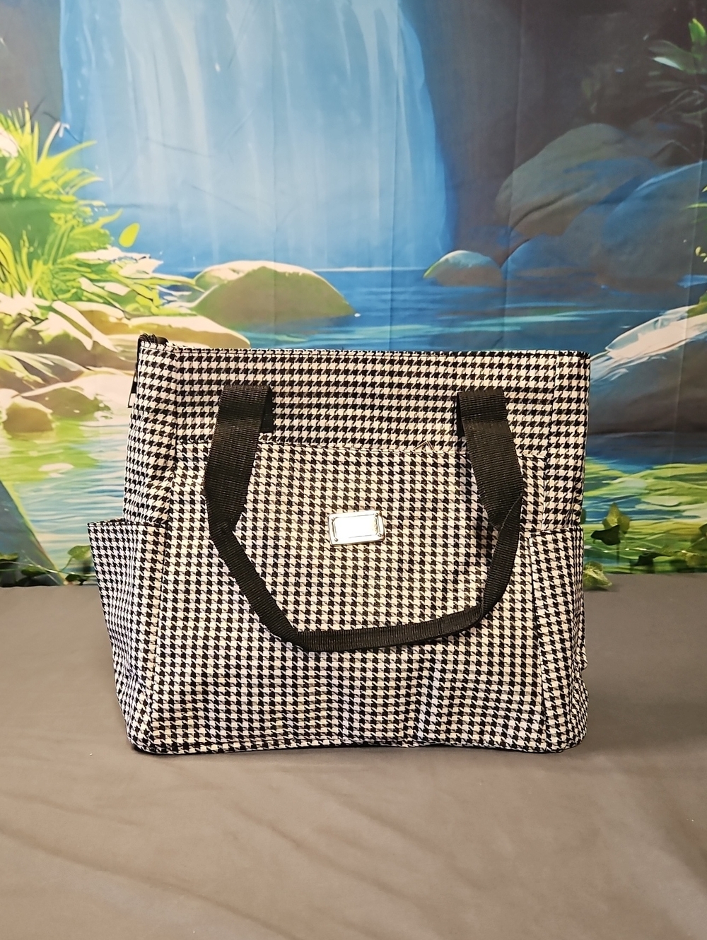 Black & White Houndstooth Tote Bag with Front Pocket